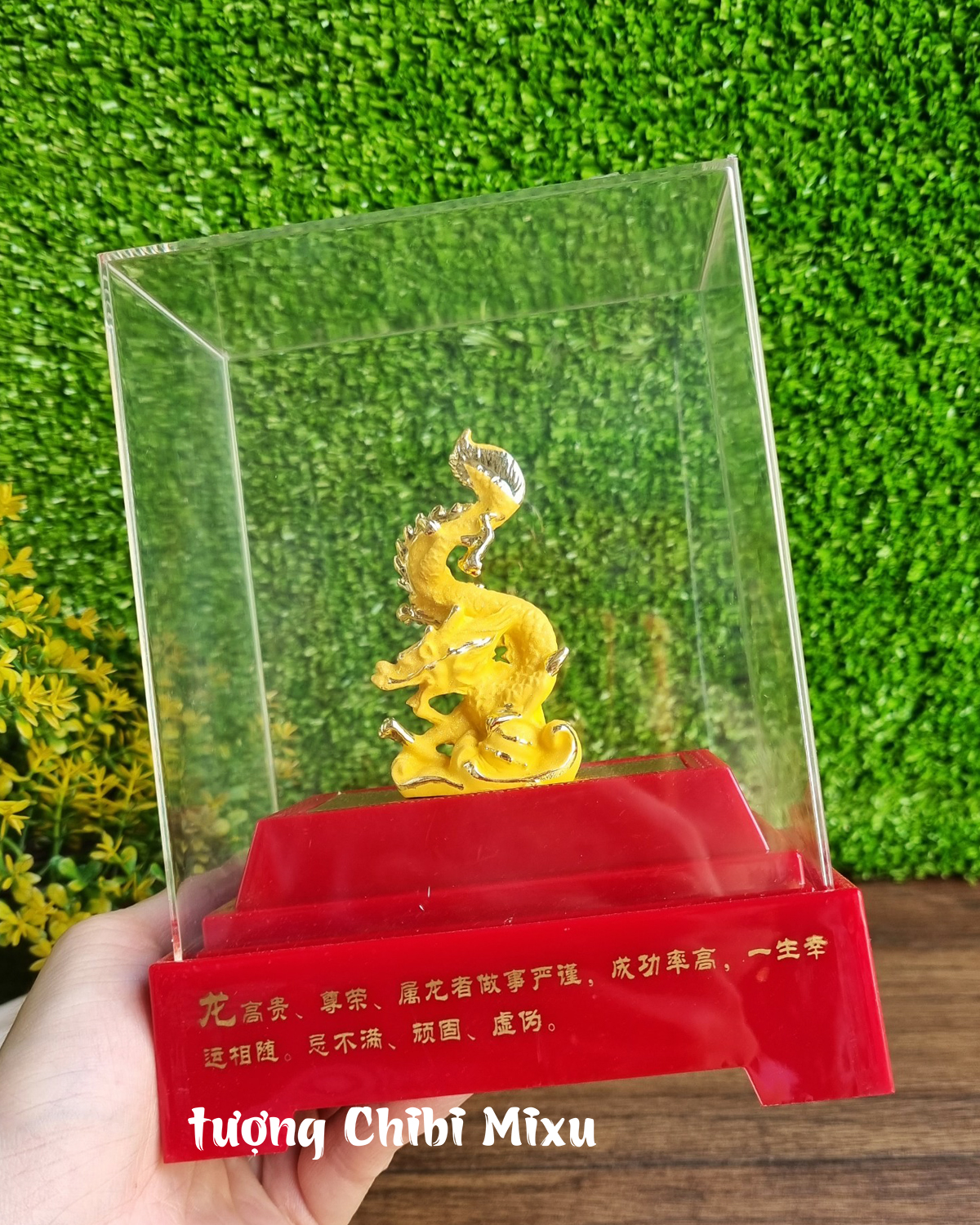 Tượng Rồng phủ cát vàng may mắn trong lồng kính mica Giàu có Quà tặng Đồ trang trí
