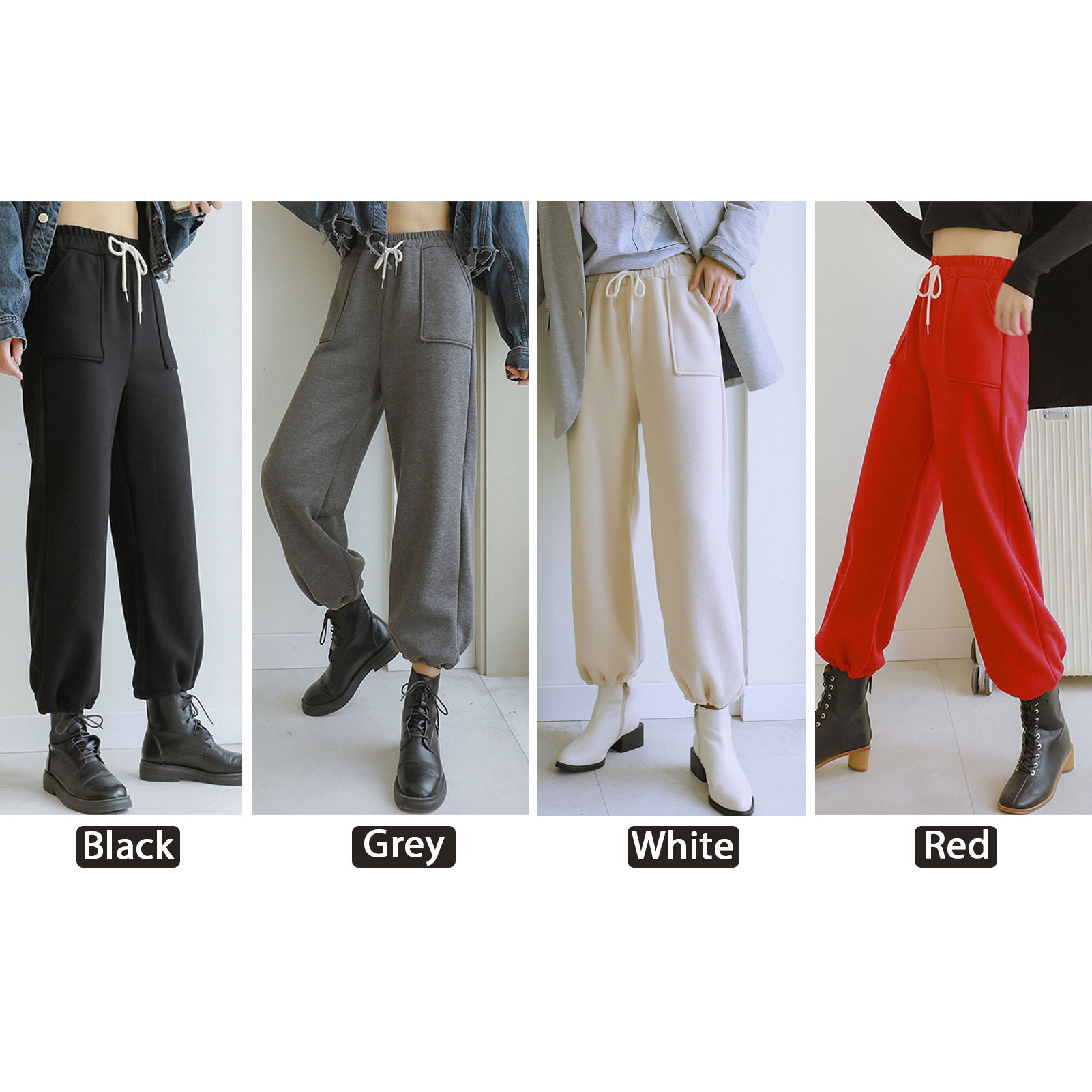 Women Winter Warm Pants Knitted Fleece Inside High Waist Drawstring Pockets Elastic Hem Harem Pants Loose Fit Casual