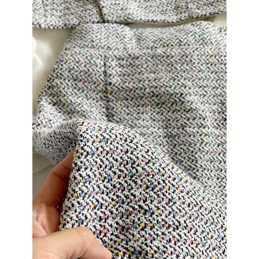 SET ÁO DẠ TWEED DÁNG CROPTOP & CHÂN VÁY CHỮ A -High Neck Basic Tee With Sleeveless Crop Tweed Jacket & Skirt Set- BY BNS AURORA SET BNS006