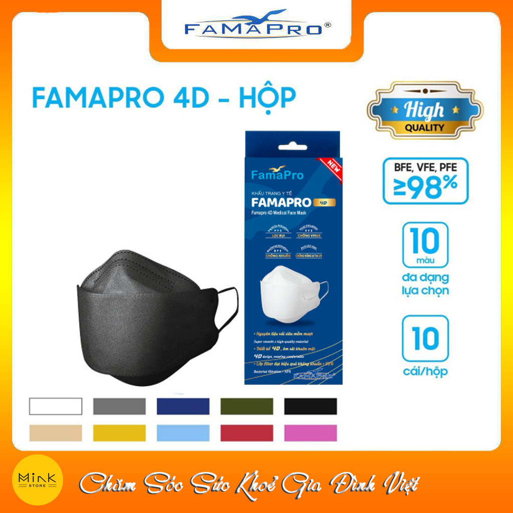 [THÙNG ĐEN - FAMAPRO 4D] - Khẩu trang y tế kháng khuẩn cao cấp Famapro 4D tiêu chuẩn KF94 (500 cái/thùng)