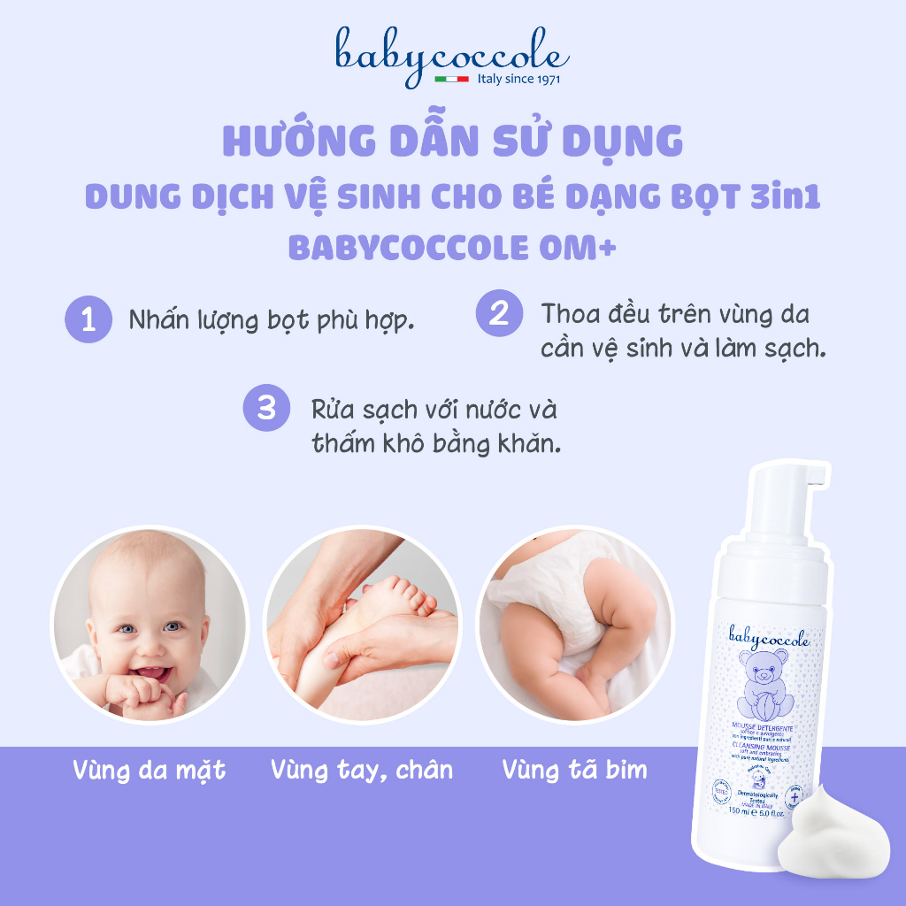 Dung dịch vệ sinh cho bé 3in1 Babycoccole 0M+ dạng foam an toàn cho trẻ sơ sinh và da nhạy cảm 150ml