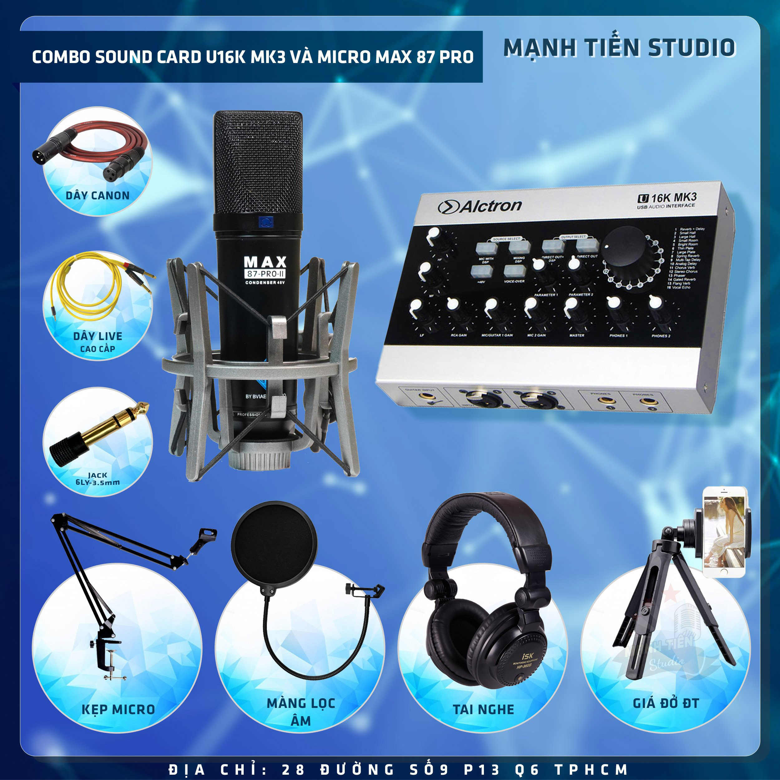 Combo thu âm, livestream Micro Max 87-Pro-II 2022, Sound card Alctron U16K MK3 - Kèm full phụ kiện kẹp micro, màng lọc, tai nghe, giá đỡ ĐT, dây canon, dây livestream - Hỗ trợ thu âm, karaoke online chuyên nghiệp - Hàng nhập khẩu