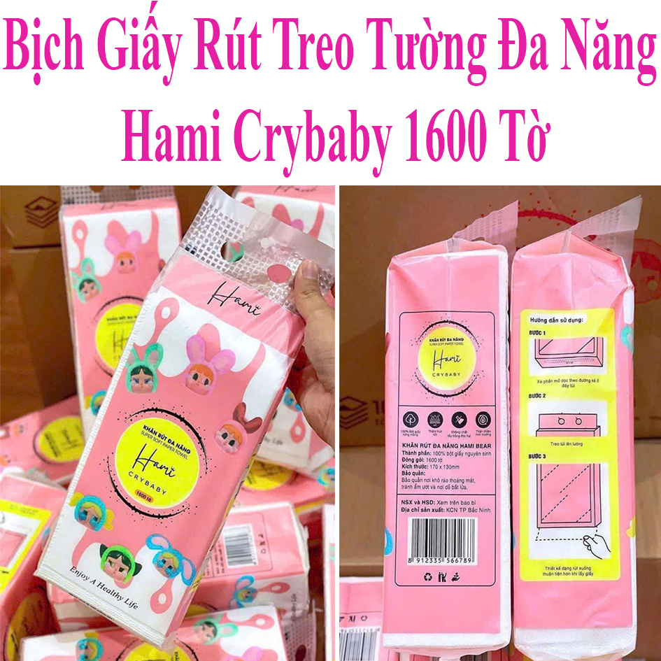 Bịch Giấy Rút Treo Tường Đa Năng Hami Crybaby Hồng 1600 Tờ Thấm Hút Tốt
