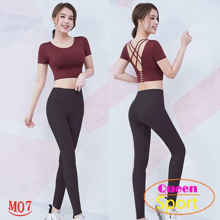 Bộ tập thể thao BN09 áo cộc tay Crop top đan dây sau quần dài tập gym,yoga, erubic ...Hàng VNXK