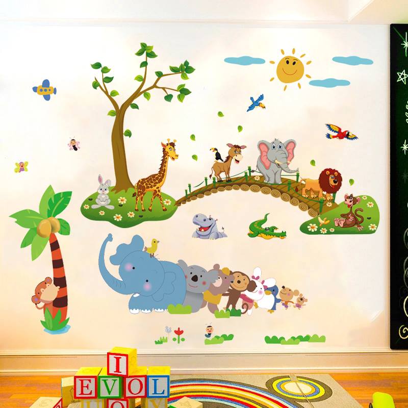 Decal dán tường Thú kéo dừa và thú qua cầu - HP497