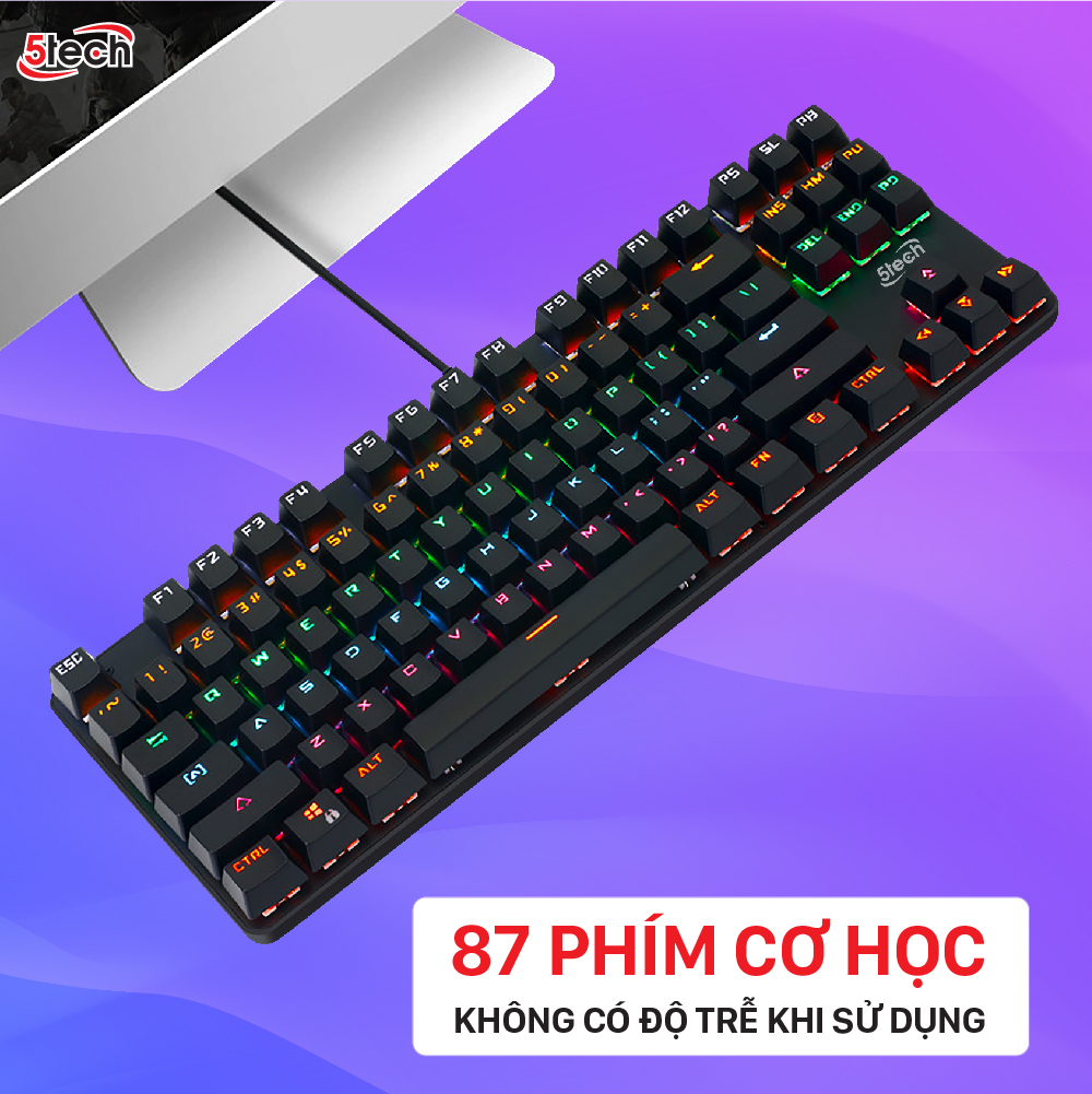 Bàn phím cơ gaming 5TECH Led RGB 10 chế độ nháy cực đẹp, chơi game gõ siêu đã, thiết kế nhỏ gọn dùng cho máy tính, laptop hàng chính hãng