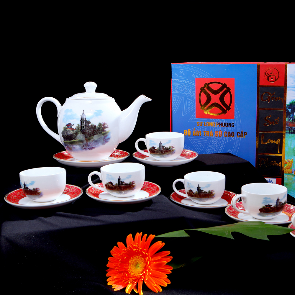 Bộ ấm chén hộp quà in hình sơn thủy hàng Long Phương cao cấp