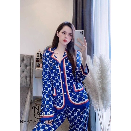 Bộ pijama lụa latin tay dài Cao Cấp - Bộ đồ ngủ GC Xanh thoáng mát, sang chảnh