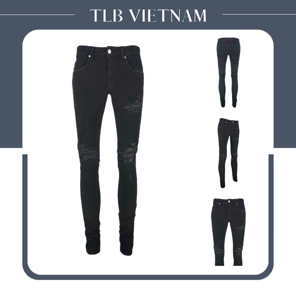 Quần Jean Nam The Luyn Black Màu Đen Rách Lỗ Lớn Gắn Da Bike Chất Cotton Co Giãn Không Phai Màu