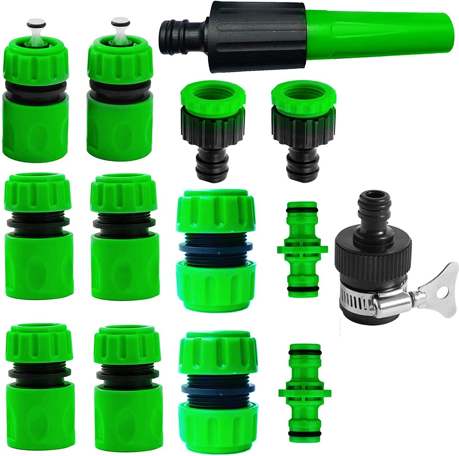 14 đầu nối vòi để kết nối vòi tưới vườn - 1 vòi phun, 1 đầu nối vòi trộn, 2 nút chặn nước, 2 đầu nối sửa chữa, 2 đầu đực kép, 4 đầu nối nhanh, v.v.