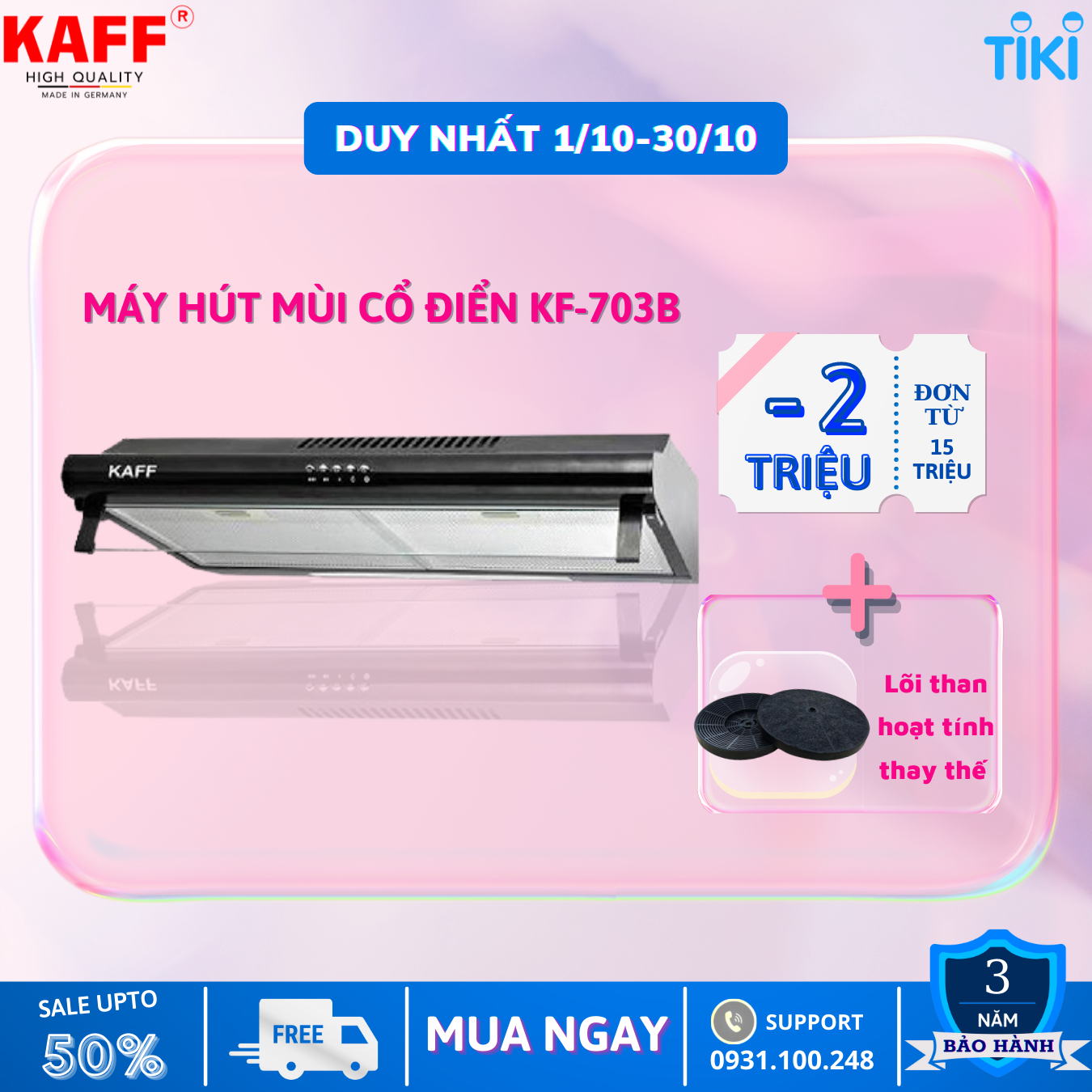 Máy hút mùi cổ điển màu đen 700mm KAFF KF_703B Tặng bộ lọc than thay thế _ Hàng Chính Hãng