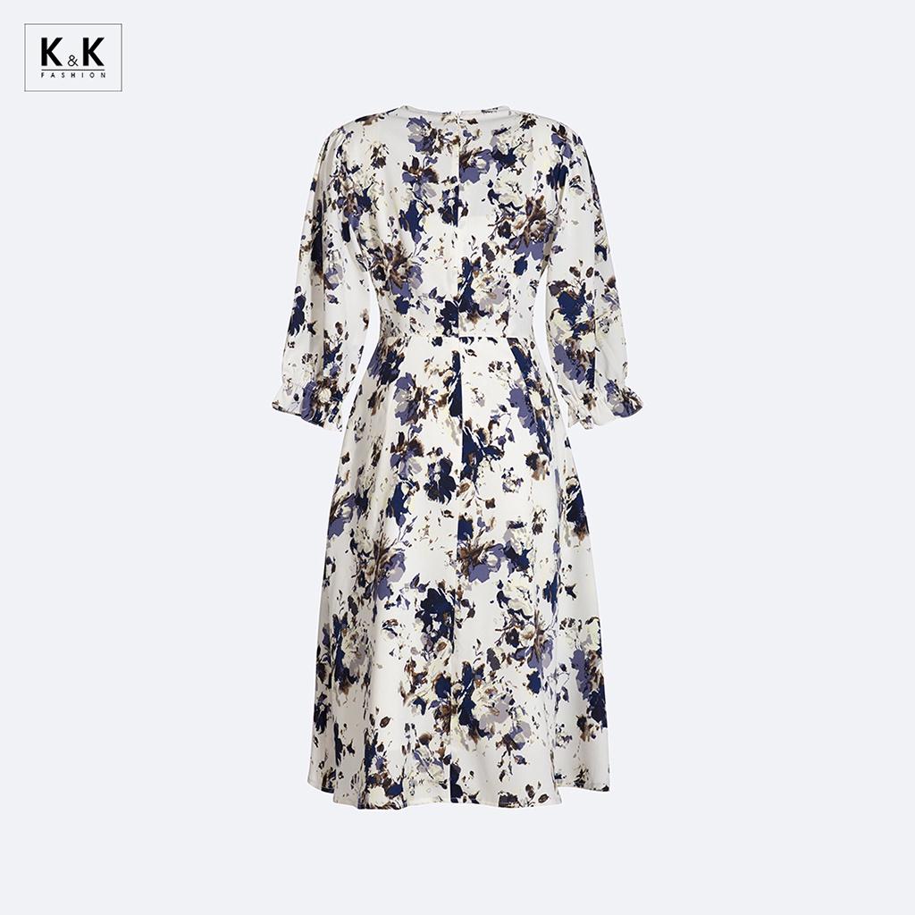 Đầm Xòe Hoa Phối Nơ Viền Bèo K&amp;K Fashion KK116-39 Chất Liệu Silk