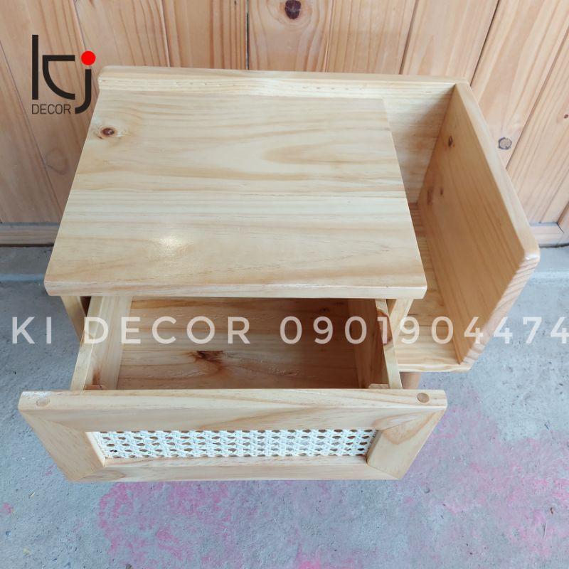 TỦ ĐẦU GIƯỜNG KẾT HỢP KỆ SÁCH GỖ THÔNG SIZE 50×35×55CM - TỦ GỖ DECOR PHÒNG NGỦ