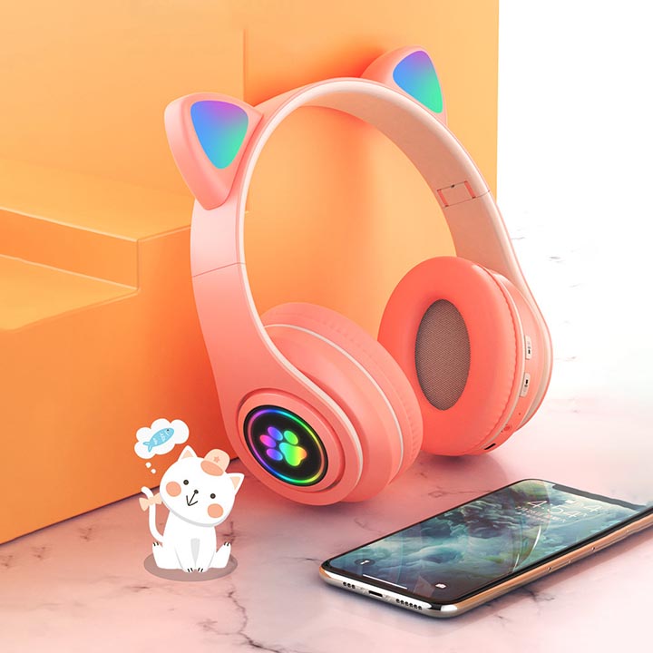 Tai nghe chụp tai headphone bluetooth Hewolf tai nghe mèo không dây hàng chính hãng có đèn LED nghe nhạc chơi game đàm thoại dùng được cho điện thoại, laptop, máy tính