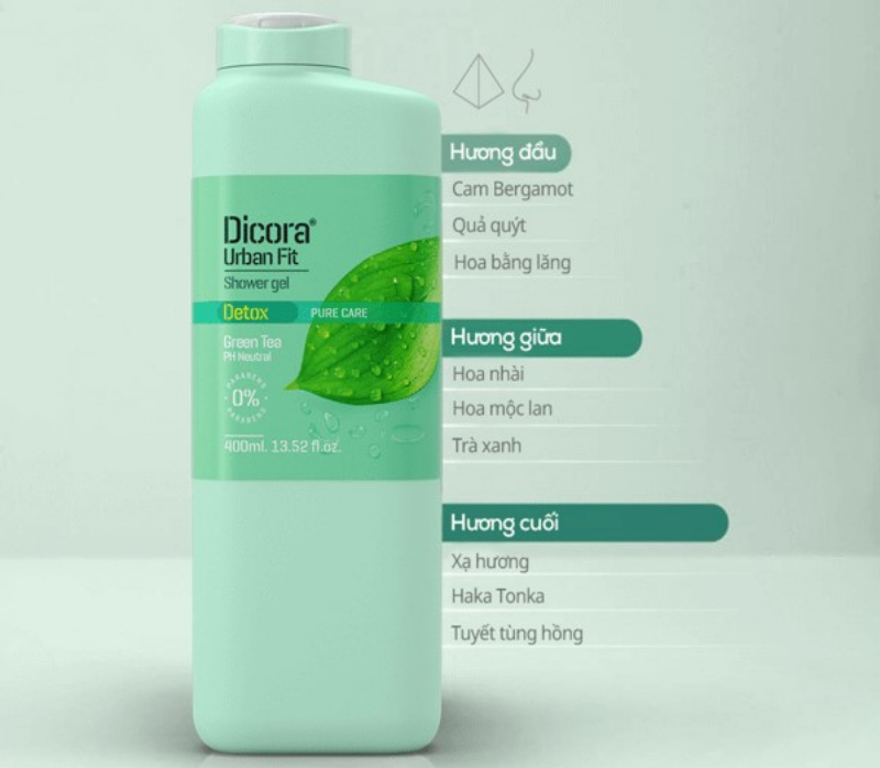 Sữa Tắm Detox Dicora Urban Fit Pure Care Green Tea Trà Xanh Dưỡng Ẩm Da Chiết Xuất Cỏ Vetiver & Nhân Sâm Làm Sạch Sâu, Sảng Khoái 400~750ml