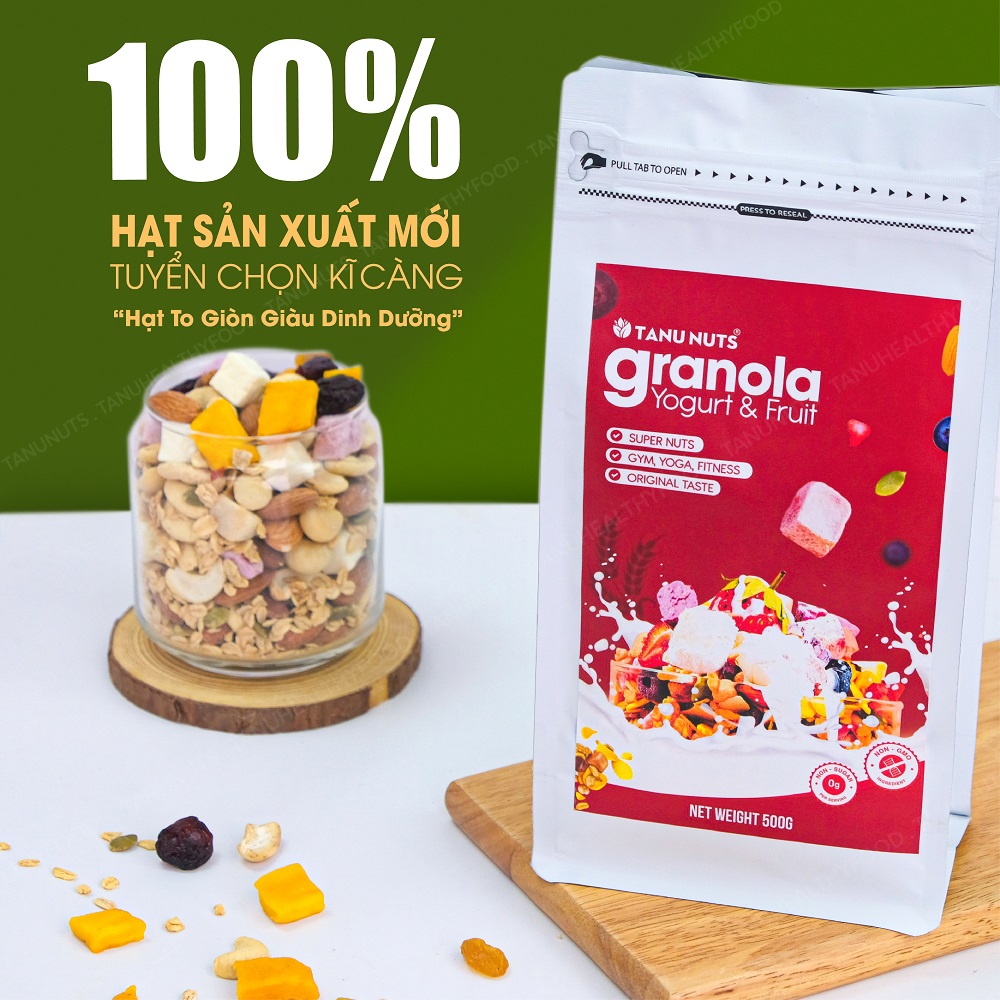 Granola sữa chua TANU NUTS túi 500g, granola siêu hạt mix hạt ngũ cốc dinh dưỡng tôt cho bà bầu.