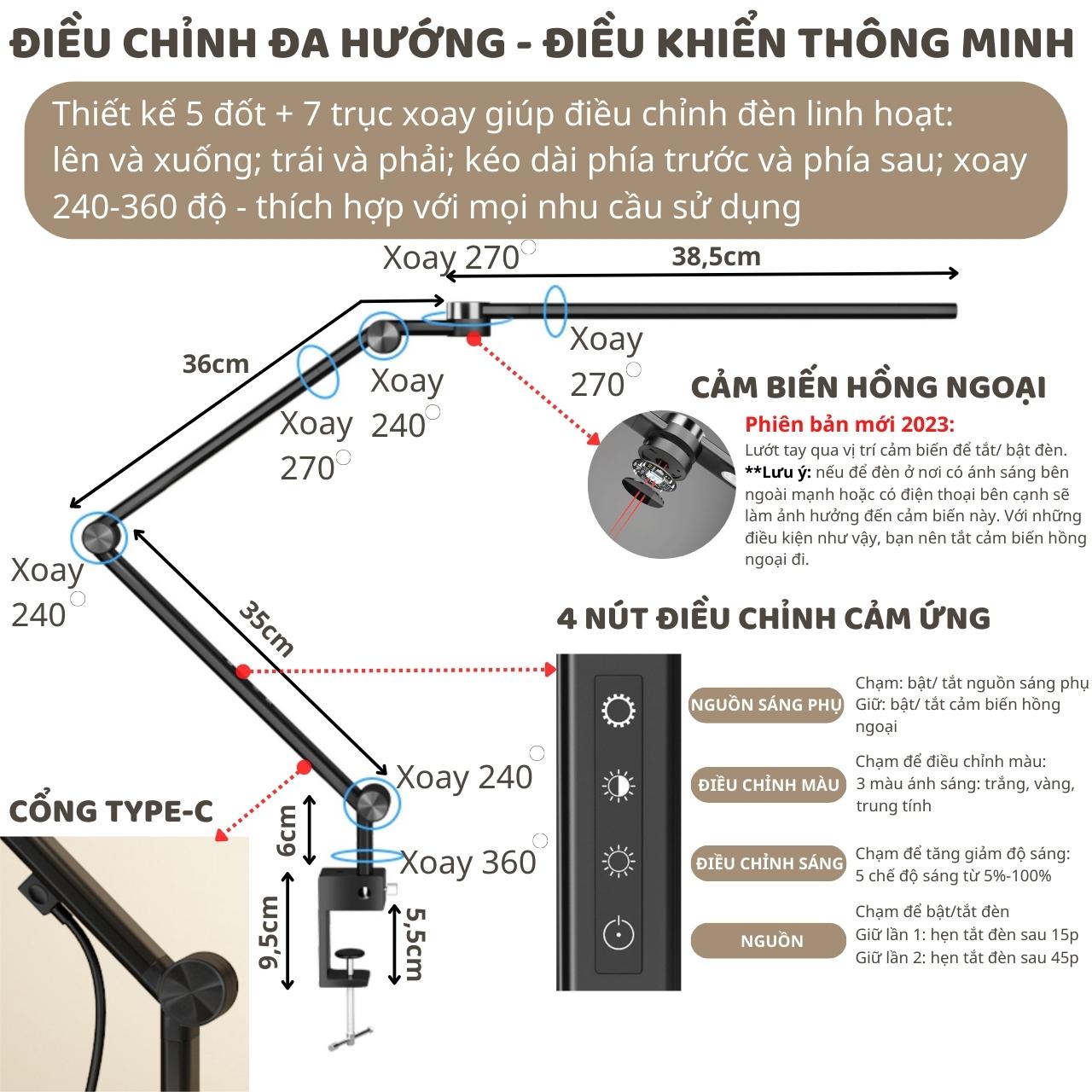 Đèn bàn học Led bảo vệ mắt Ergo Edge 1 DandiHome chống cận để làm việc, đọc sách cao cấp có thể kéo dài và gấp gọn - 3 chế độ sáng thông minh