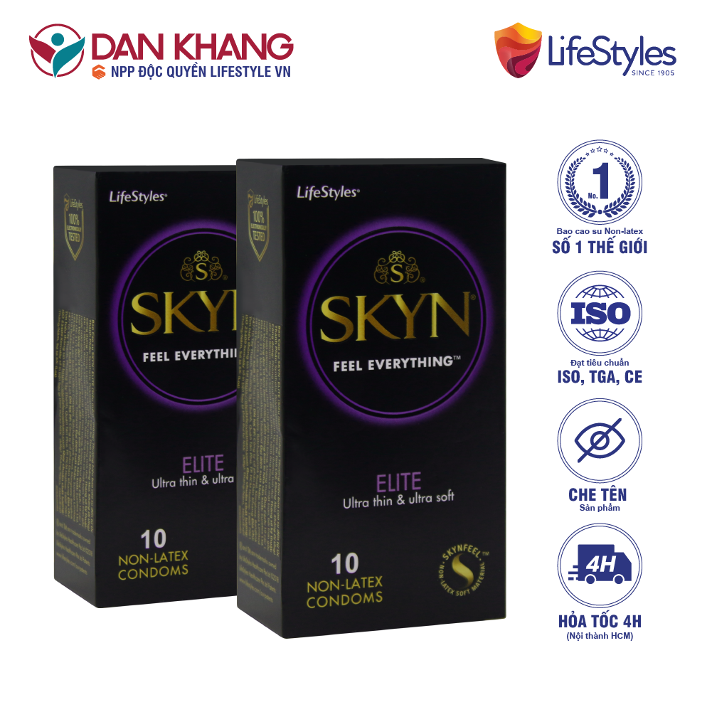 Bộ 2 Hộp Bao cao Su LifeStyles SKYN ELITE Non-latex Siêu Mỏng Siêu Mềm Cao Cấp 10 bao