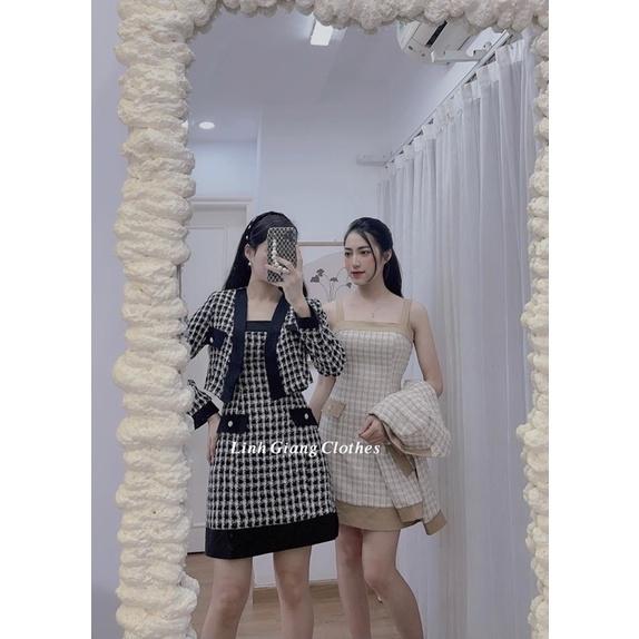 Set váy dạ tweed + áo khoác ngoài màu đen và vàng cho bạn gái