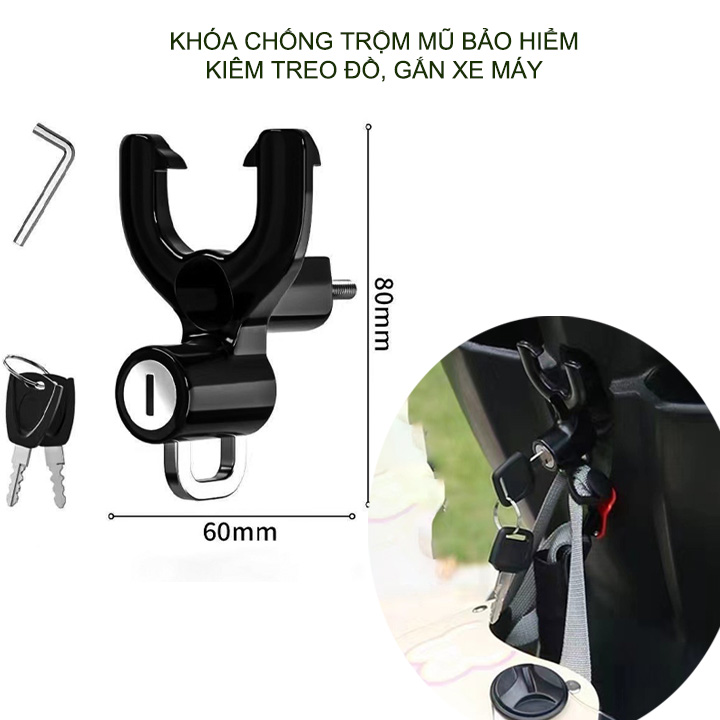 Khóa chống trộm mũ bảo hiểm gắn xe máy, kiêm móc treo đồ đa năng, làm bằng hợp kim