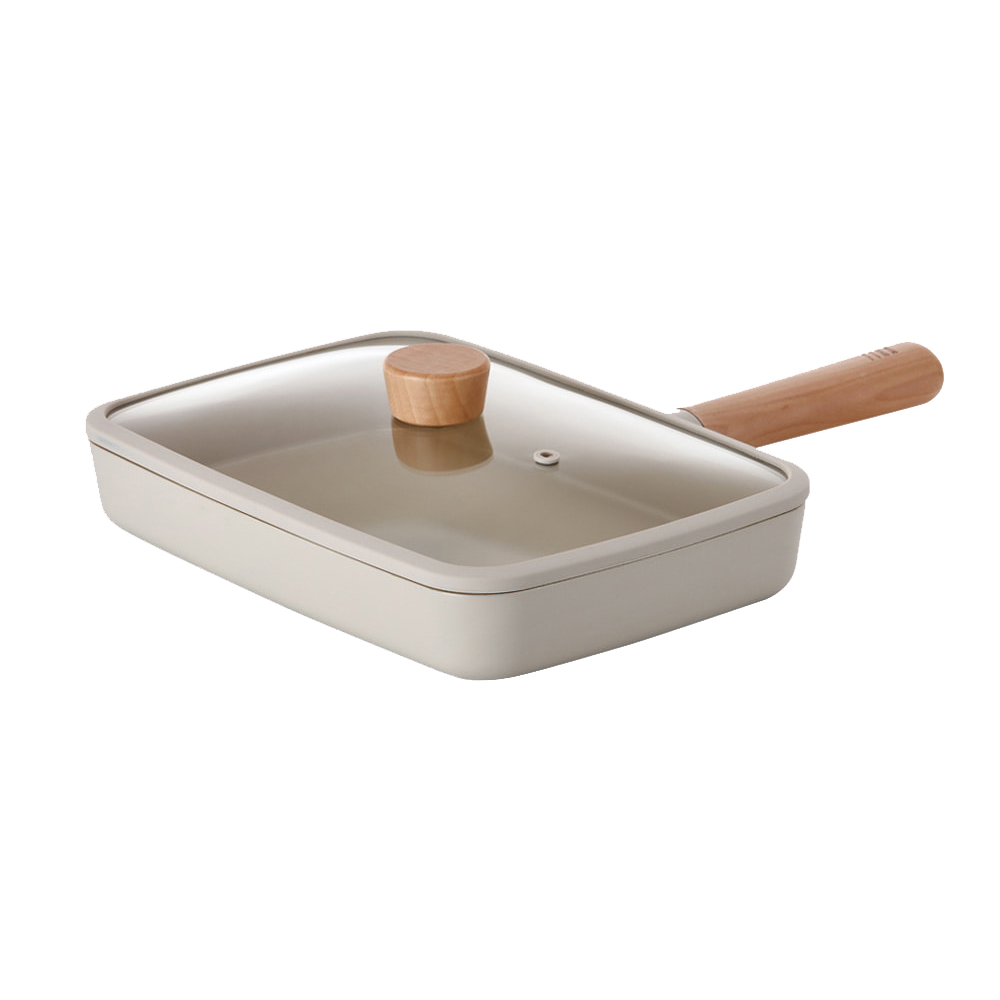 Chảo chiên chữ nhật Neoflam Fika 29cm, thành cao 5,5cm, cán gỗ 17cm, nắp kính. Hàng có sẵn giao ngay