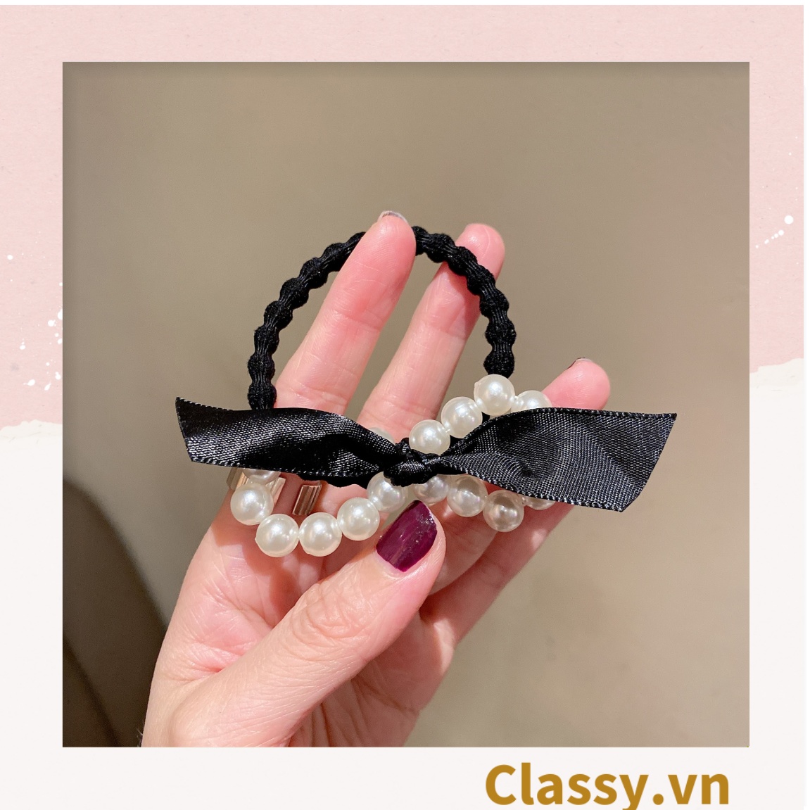 Bộ sưu tập  - Scrunchies, kẹp tóc, nơ buộc tóc tông be, gắn ruy băng và đính đá nhiều lớp sang chảnh PK774