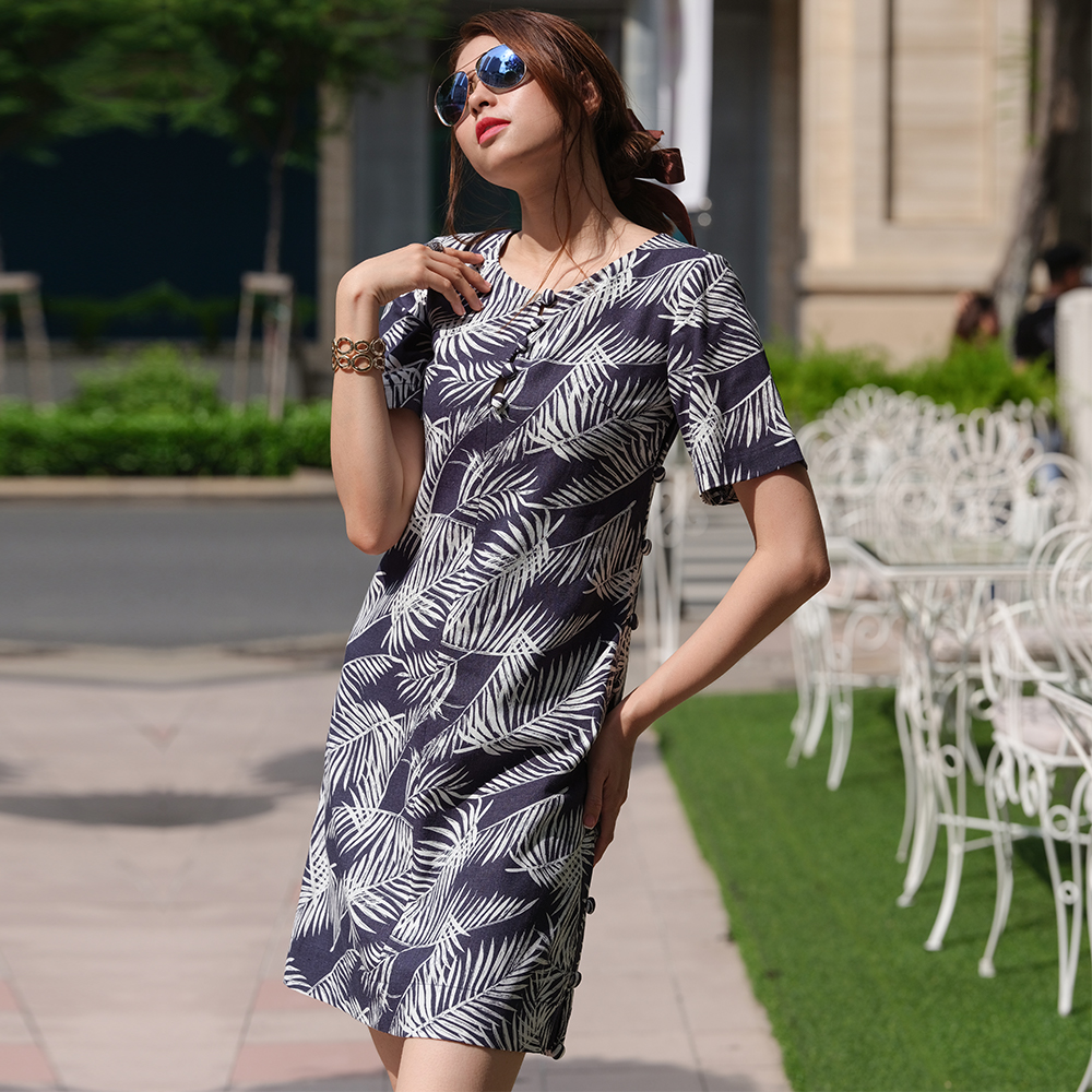 Đầm Suông Linen Hity DRE124 (In Lá Cọ)