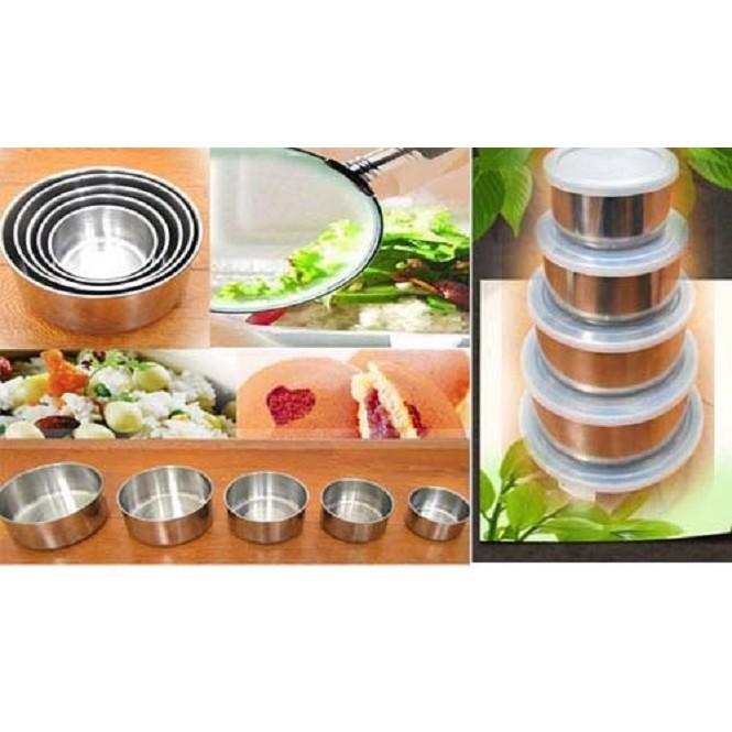 Bộ 5 Bát Đựng Thức Ăn Loại Tròn Có Nắp Đậy Bằng Inox