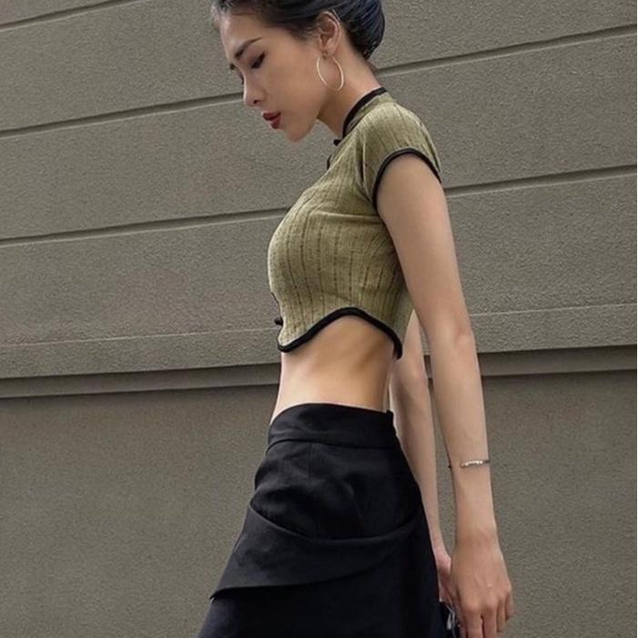 Áo croptop nữ tay ngắn HAGA áo cổ tàu nữ khoét lỗ chân ngực cộc tay ôm body tăm lạnh co giãn ACTHR43