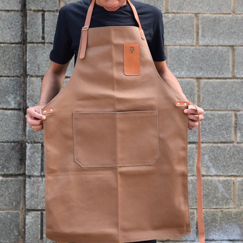 Tạp dề pha chế vải canvas dây da của Junsleather phối da bò cao cấp dành cho Barista/Bartender quán cà phê