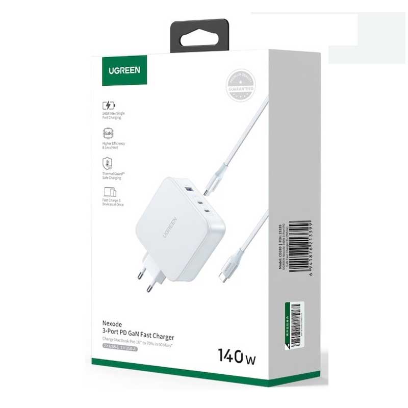 Củ sạc nhanh GaN Nexode 140W Ugreen 15339 CD289, 2xUSB-C 1xUSB-A, Kèm cáp USB-C 1m5 240W Hàng chính hãng