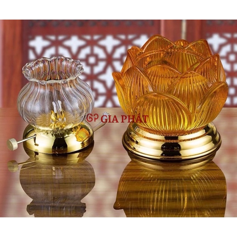 Đèn Thờ Dầu Hoa Sen Thủy Tinh Chân Đồng - Cực Sang Trọng