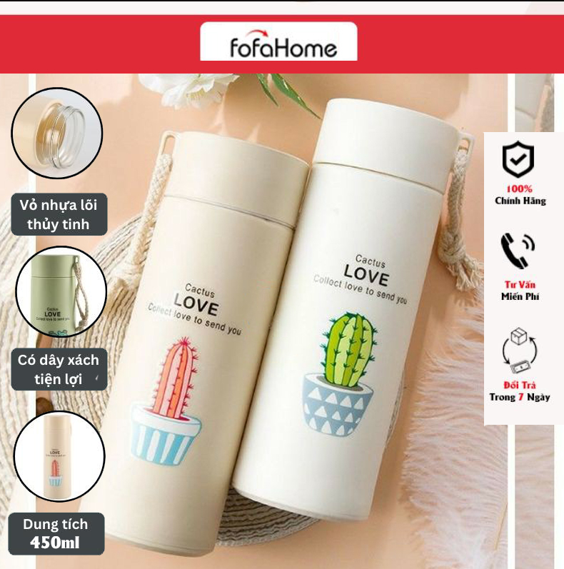Bình Đựng Nước Lõi Thủy Tinh Họa Tiết Xương Rồng Dễ Thương Dung Tích 450ml - Bình Giữ Nhiệt In Hình Xương Rồng 450ml Lõi Thủy Tinh Bọc Và Nhựa Lúa Mạch Có Dây Sách Tiện Dụng - Giao Màu Ngẫu Nhiên