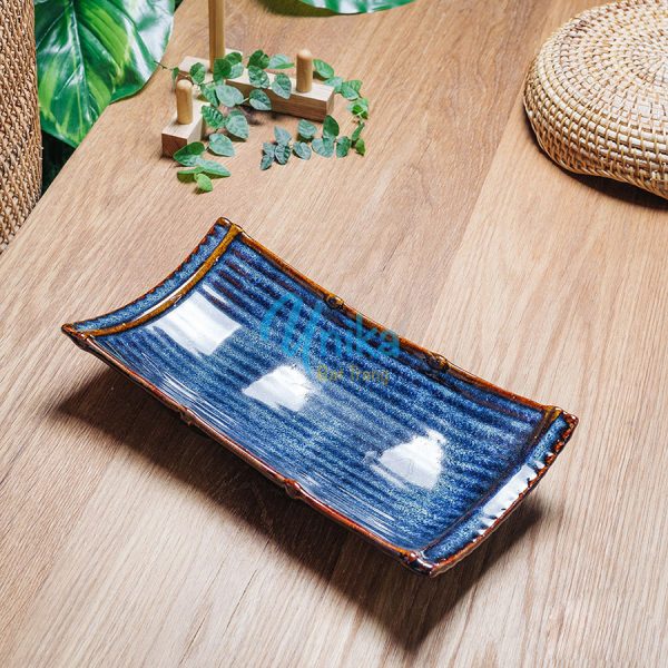 Khay nan mmen xanh sóng biển 4 size - Đĩa hình nan men xanh hỏa biến - Gốm sứ Bát Tràng