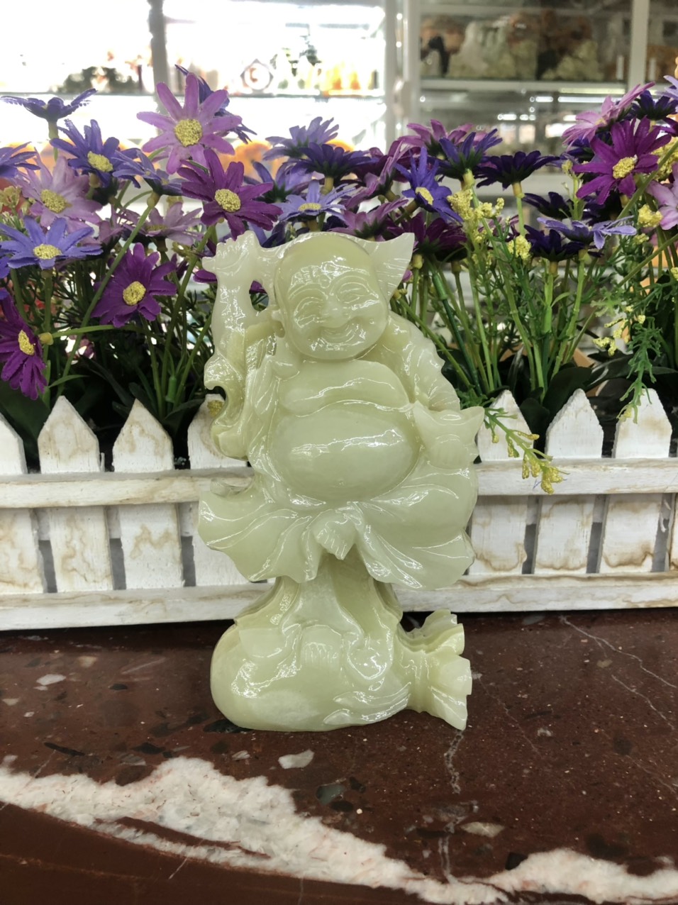 Tượng Phật Di Lặc đứng trên túi tiền phong thủy đá ngọc Onyx trang trí bàn làm việc - Cao 15cm
