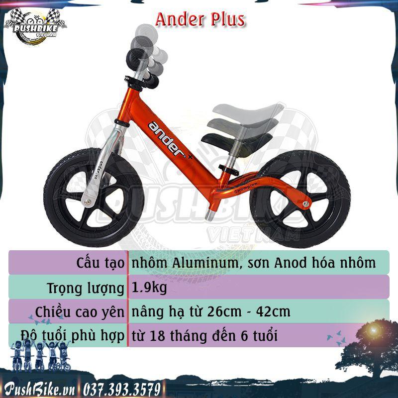 Xe thăng bằng Ander Plus cho bé từ 1.5 đến 6 tuổi - Hợp kim nhôm Aluminium, sơn anod hóa nhôm, nặng 1.9kg