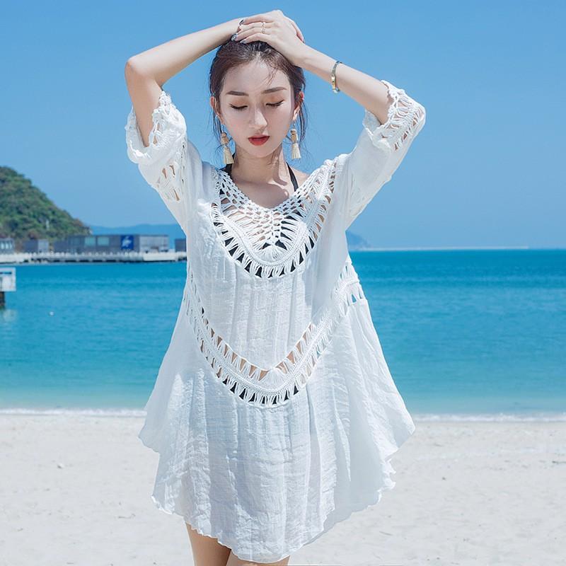 Áo ren lưới thời trang đi biển lệch vai