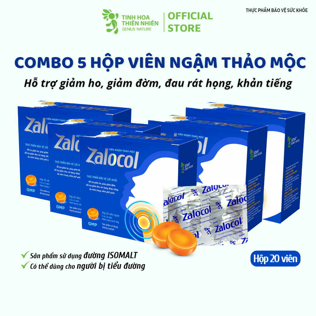 Combo 5 hộp viên ngậm ho thảo mộc Zalocol Hỗ trợ giảm đờm, giảm đau rát họng, khản tiếng do viêm họng, viêm phế quản (hộp 20 viên) - Genat