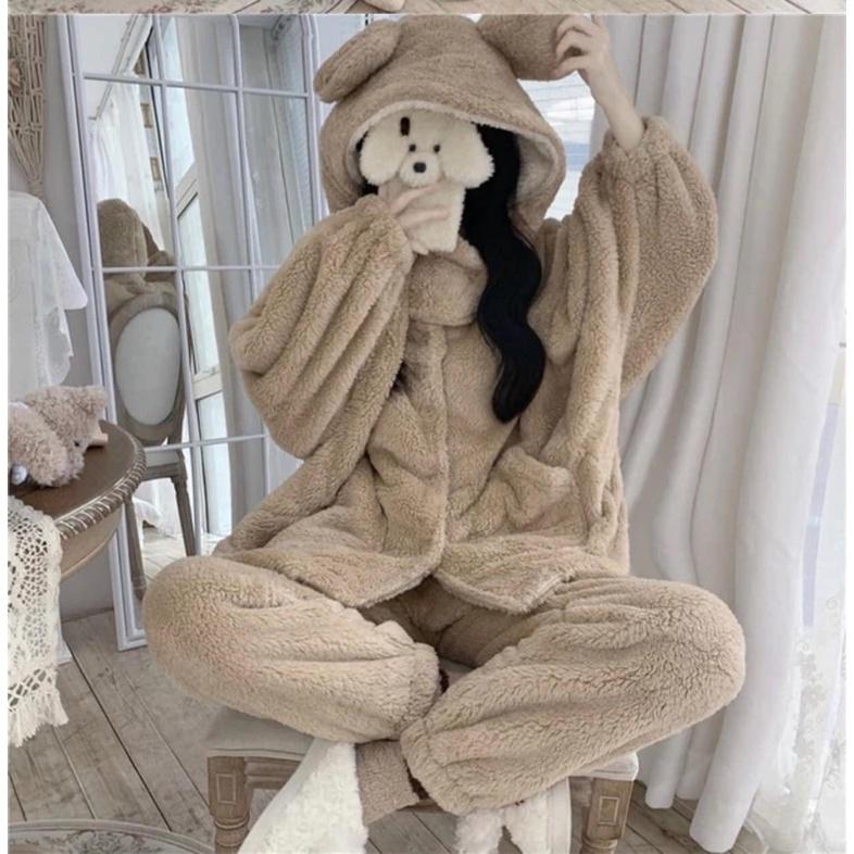 Bộ đồ ngủ tai gấu mùa đông màu nâu be Hàn Quốc Chất lông dày dặn from rộng ULZZANG, XUONGMAYSIGIARE