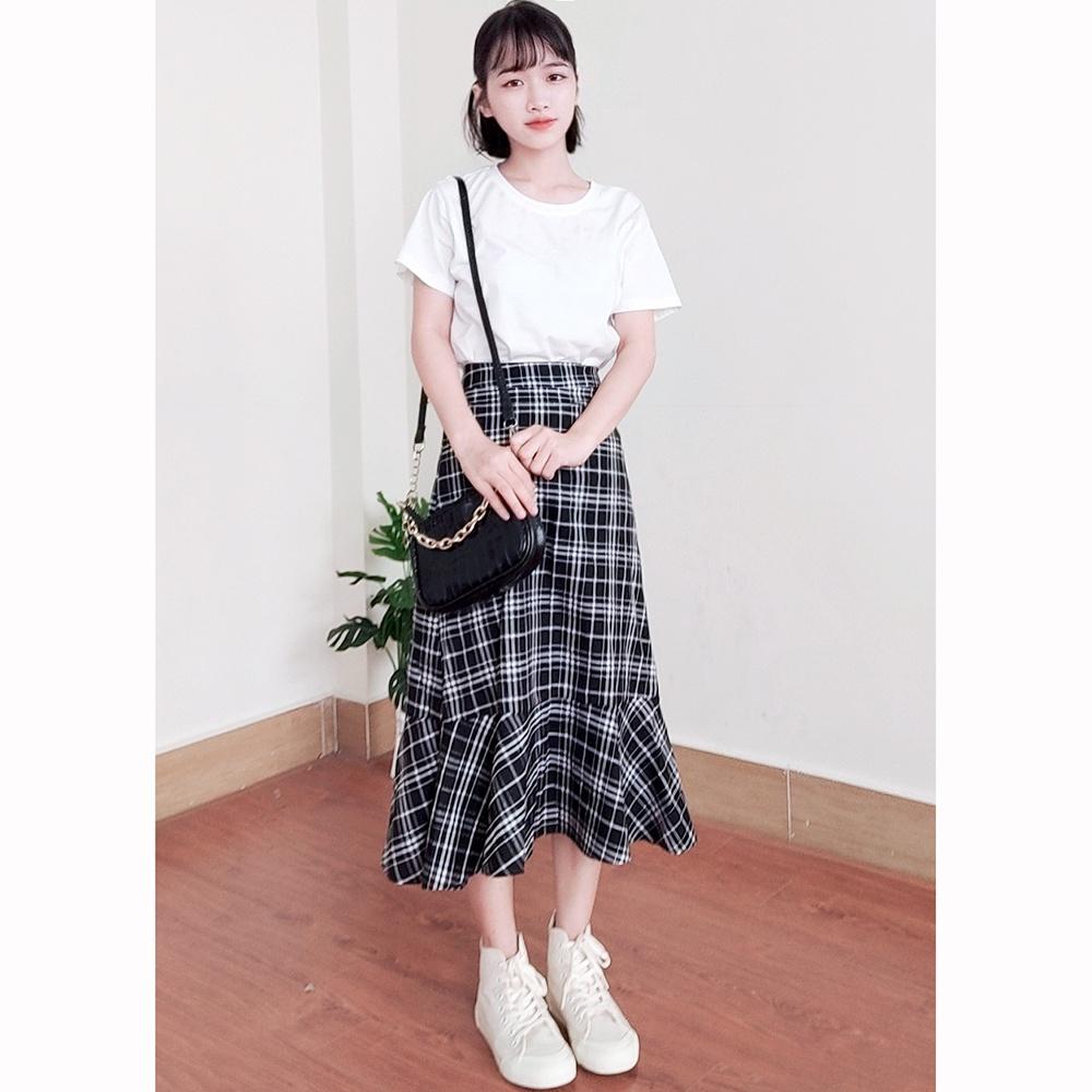 Chân váy dài caro ulzzang, chân váy midi qua gối SR007