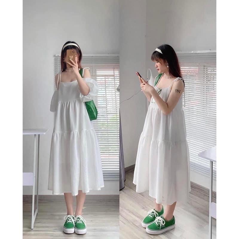 Váy babydoll tay bồng cổ bẻ dáng dài bầu bí bigsize bon chen thoải mái