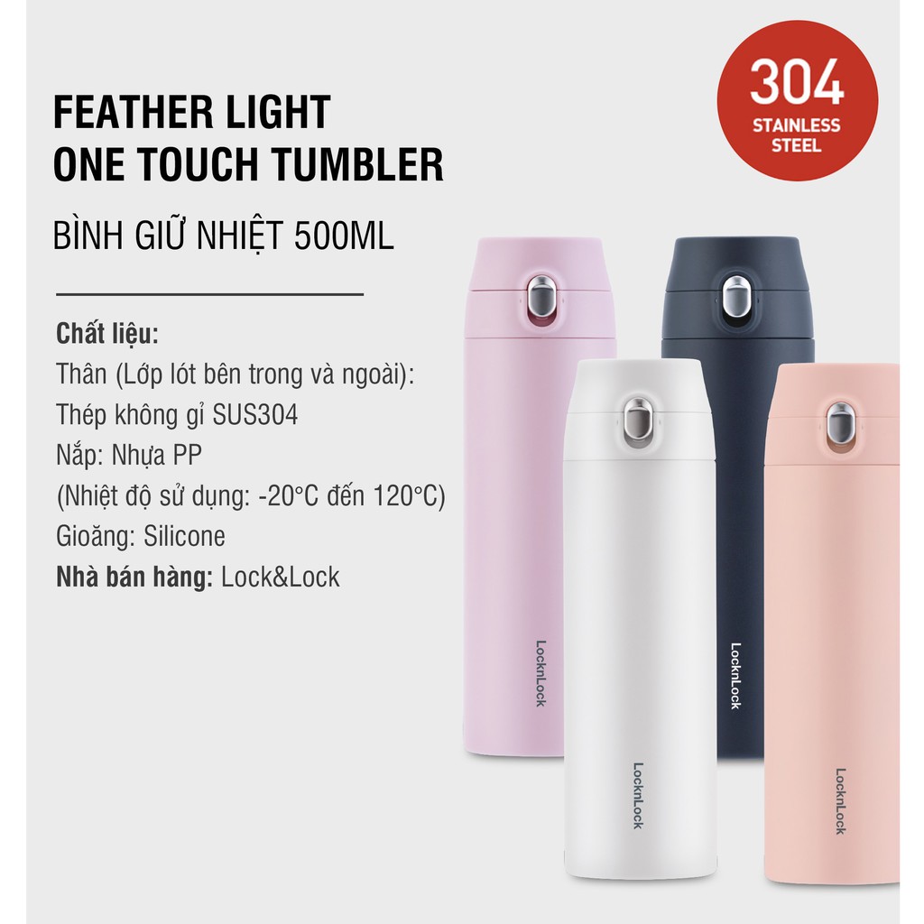 Bình Giữ Nhiệt Lock&amp;Lock Featherlight One-touch Tumbler 500ml LHC3257 - Hàng Chính Hãng - Tặng Kèm Ống Hút Inox