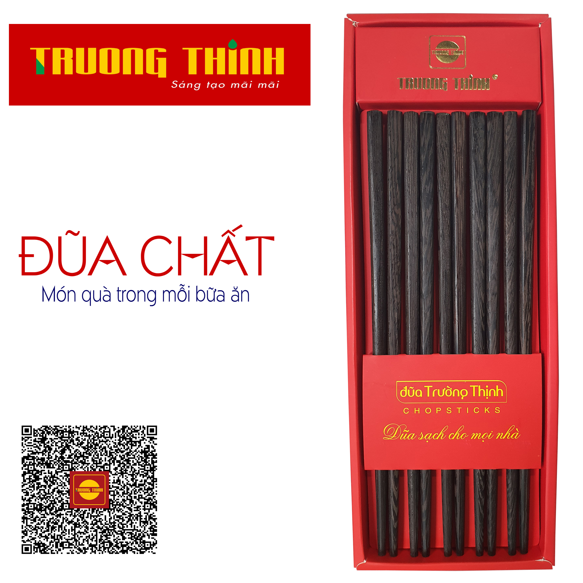 Đũa Gỗ Mun Hoa Đen Cao Cao Cấp Trường Thịnh Loại Đặc Biệt/ Hộp Màu Đỏ/ 10 Đôi Vuông Trơn