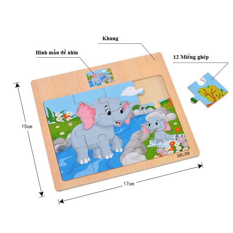 Tranh puzzle gỗ ghép 12 mảnh kèm hình mẫu phía trên