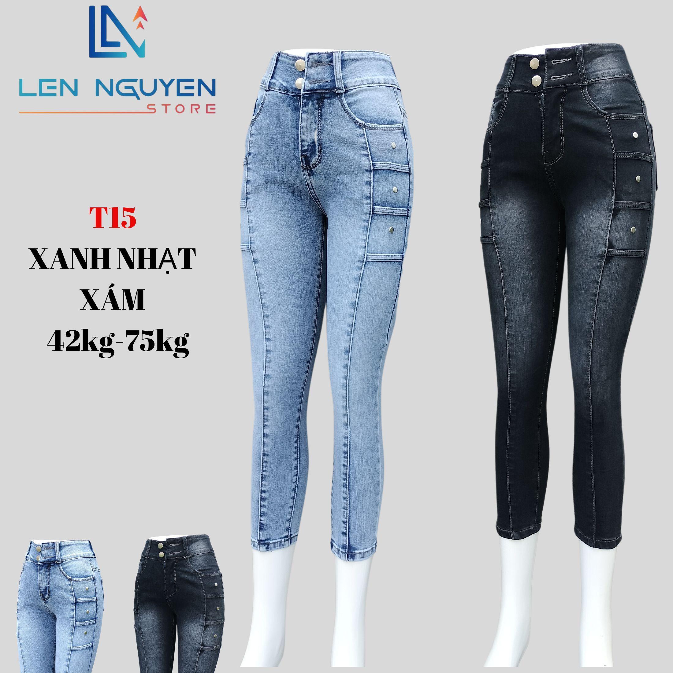 T15_9 tất xếp ly kết hợp dây ngang dài 85cm thiết kế cho 42kg đến 75kg Women Denim Lưng Cao Có Túi - Xanh Nhạt