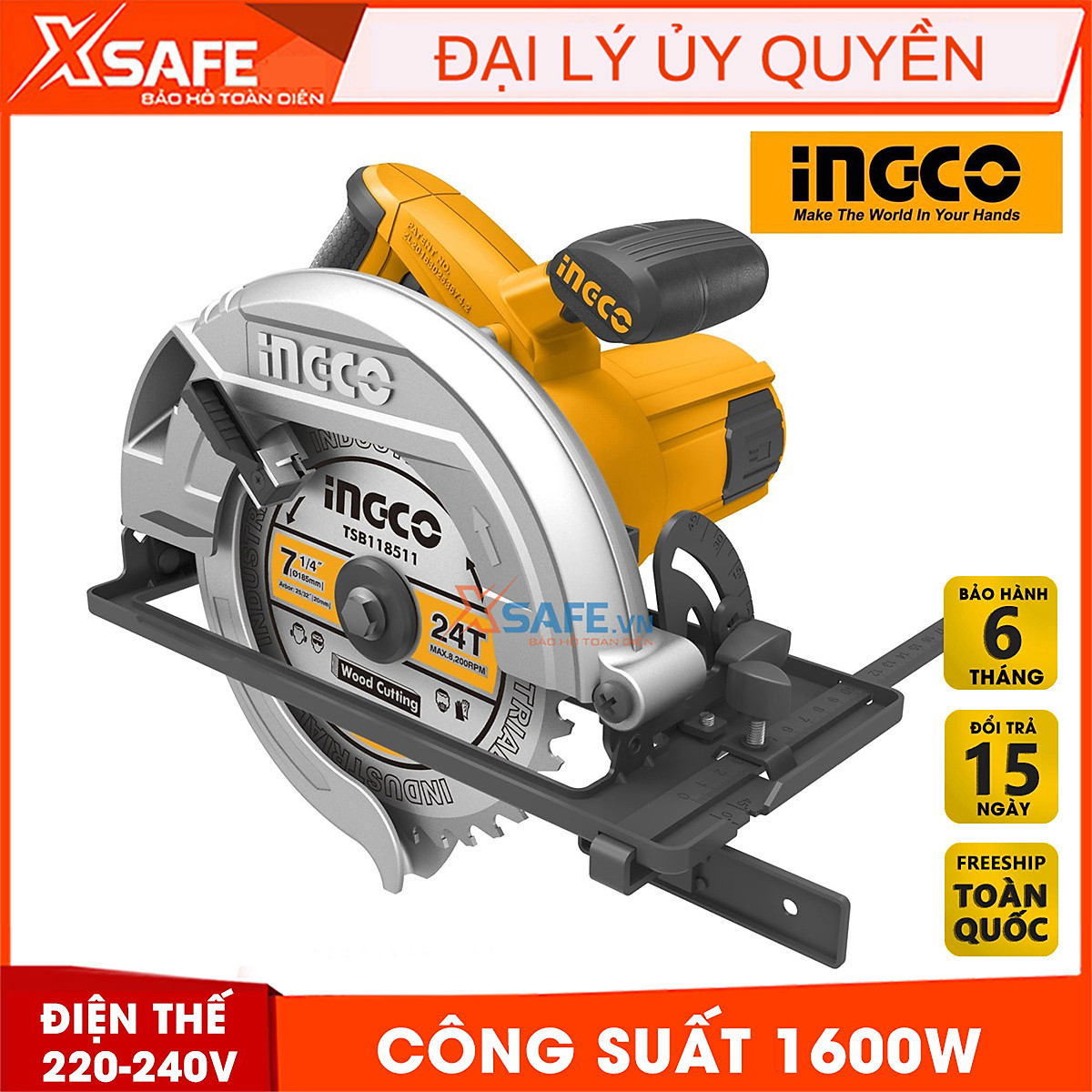 Máy Cưa đĩa tròn INGCO CS18568 kèm theo 1 lưỡi cắt 185mm và 1 bộ than, công suất 1600W, tốc độ không tải 5000rpm