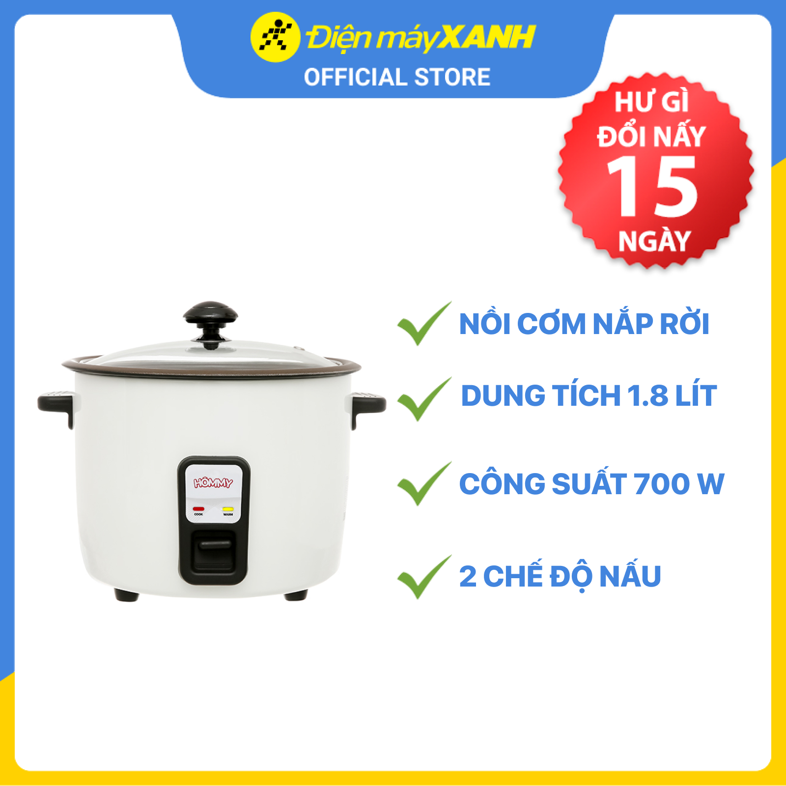 Nồi cơm điện nắp rời Hommy 1.8 lít NCR1803 - Hàng chính hãng