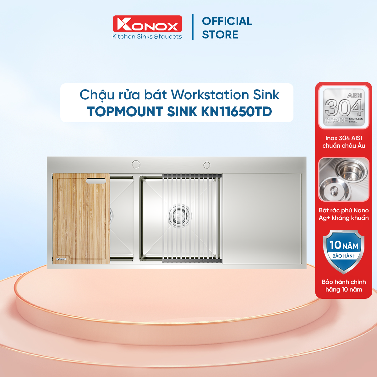 Chậu rửa bát inox Konox, Topmount Series, Model KN11650TD, Inox 304AISI tiêu chuẩn châu Âu, Hạ bậc tích hợp, 1160x500x220(mm),  Bảo hành chính hãng 10 năm, Hàng chính hãng