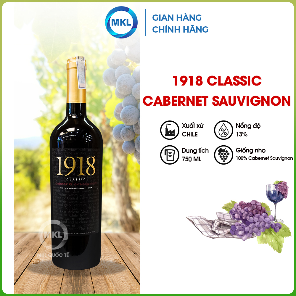 Rượu Vang Đỏ 1918 Classic Cabernet Sauvignon 750ml 13% - Chile - Hàng Chính Hãng