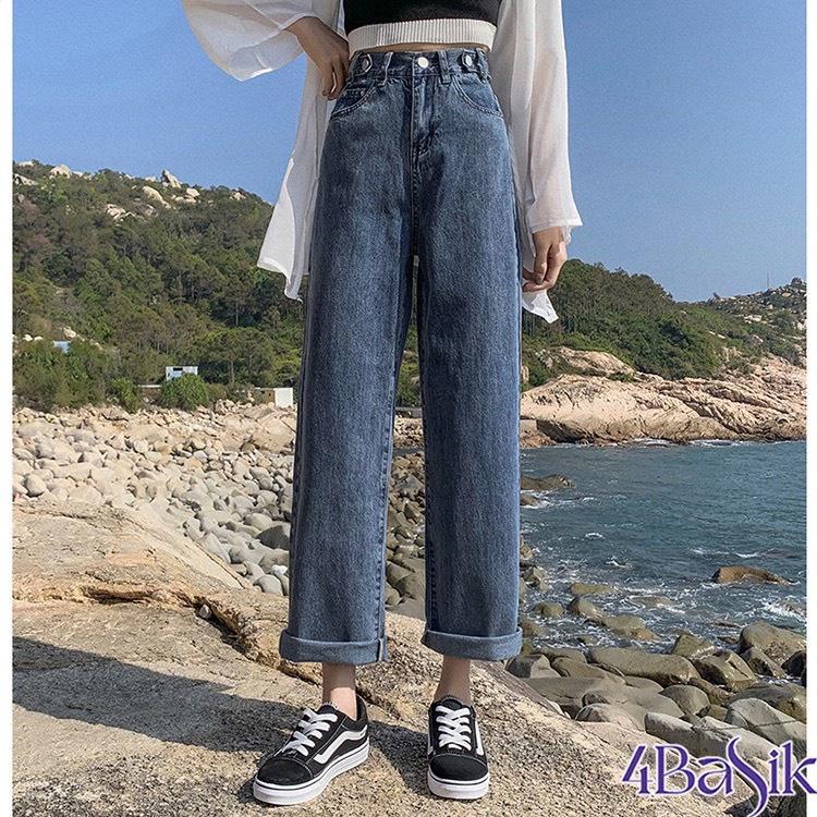 Quần jean nữ ống rộng lưng cao phong cách Hàn Quốc